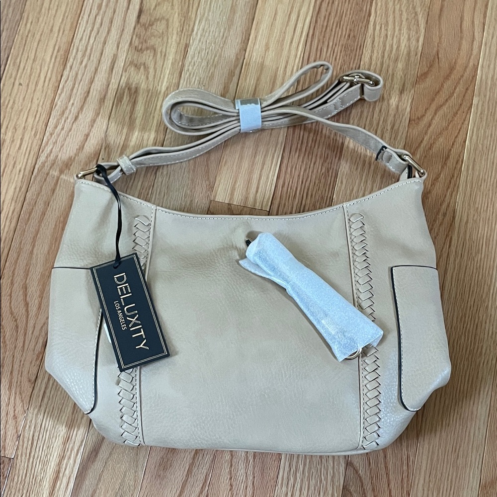 Deluxity Los Angeles Crossbody Bag Womens Beige Faux Leather Purse Minimalist